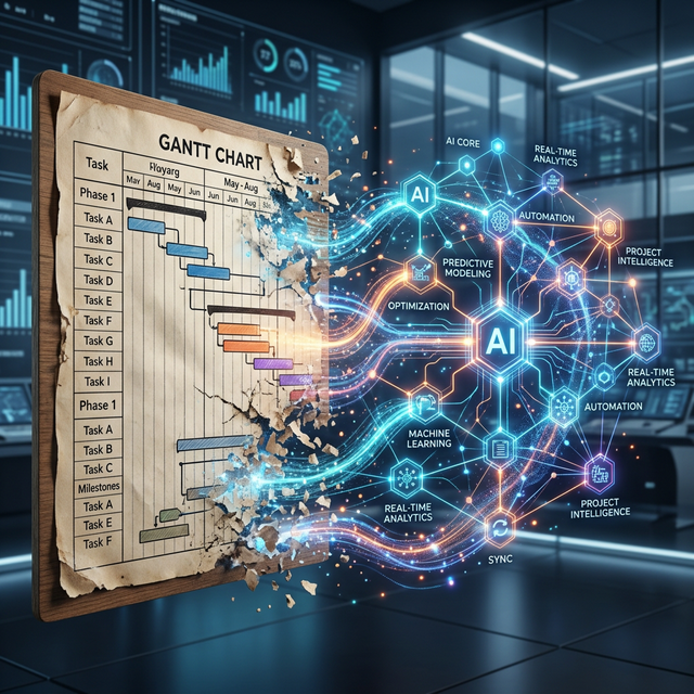 A Gantt chart dissolving into an AI network