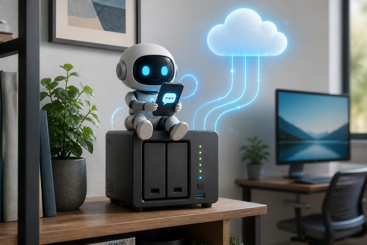 A friendly robot assistant sitting on a home NAS